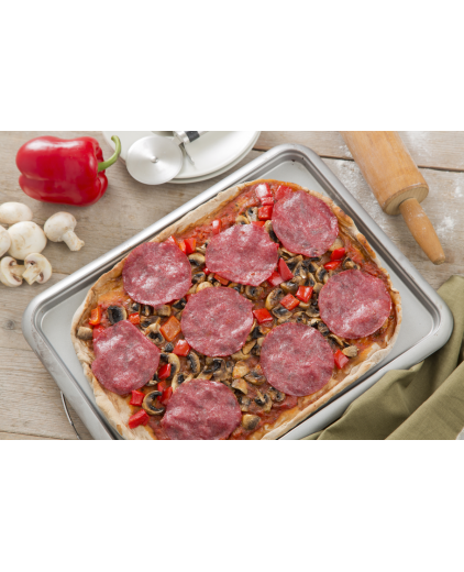 Volkoren plaatpizza  met salami, champignons en paprika