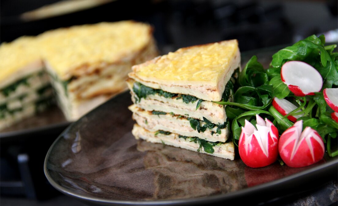 Pannenkoeklasagne met spinazie en zalm van Danna