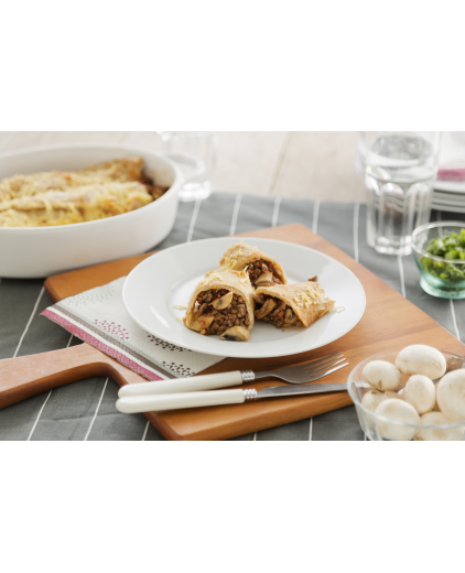 Pannenkoekwrap met gehakt en champignons