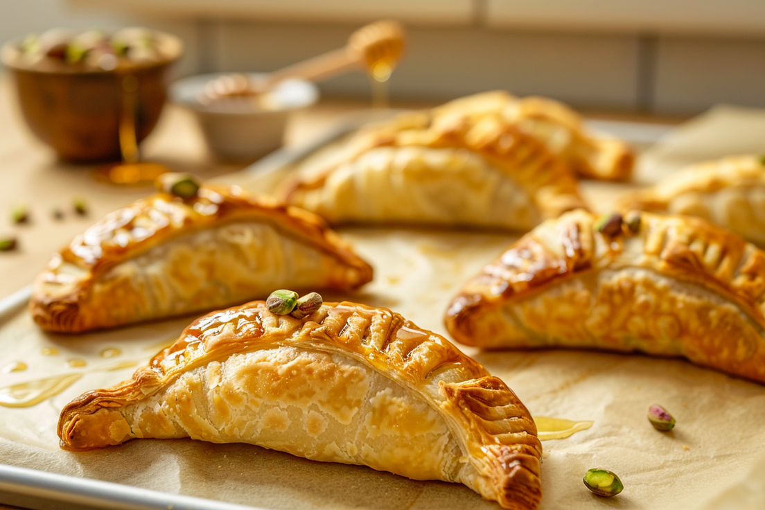 Zoete bladerdeegflapjes met rozijnen en pistache